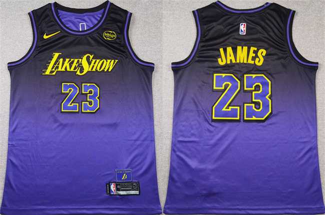 Men%27s Los Angeles Lakers #23 LeBron James Purple 2024 Stitched Basketball Jersey